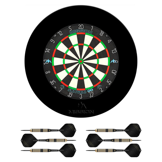 Mission Samurai Infinity Dartboard Set - Dart Board, Surround & 2 sets of Brass Darts - Black