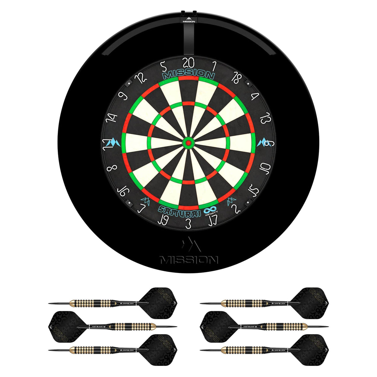 Mission Samurai Infinity Dartboard Set - Dart Board, Surround, Torus 100 Light & 2 sets of Brass Darts - Black