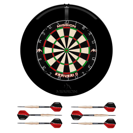 Mission Samurai II Dartboard Set - Dart Board, Surround, Torus 100 Light & 2 sets of Brass Darts - Black