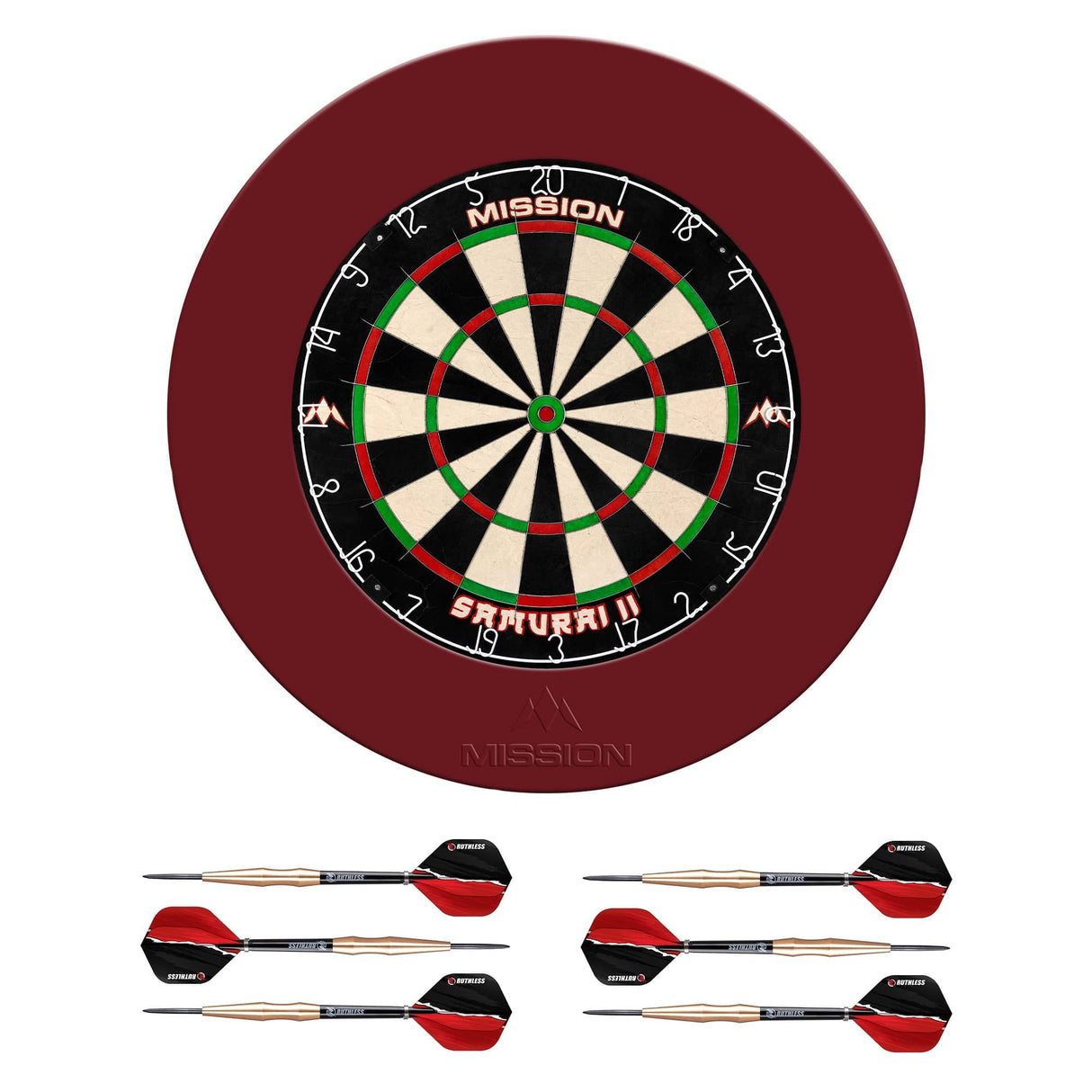 Mission Samurai II Dartboard Set - Dart Board, Surround & 2 sets of Brass Darts - Red