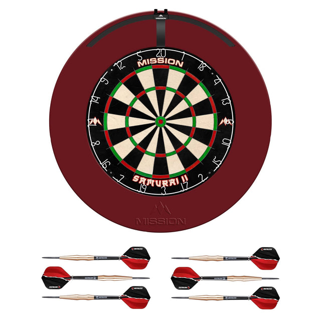 Mission Samurai II Dartboard Set - Dart Board, Surround, Torus 100 Light & 2 sets of Brass Darts - Red