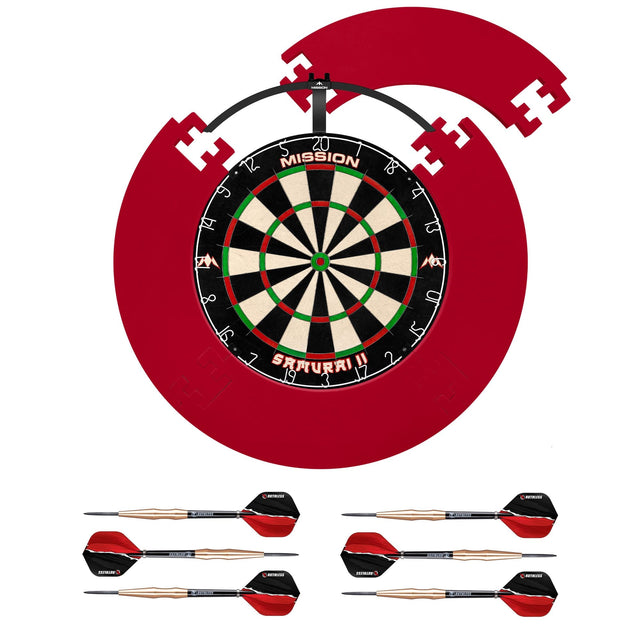 Mission Samurai II Dartboard Set - Dart Board, Jigsaw Surround, Torus 100 Light & 2 sets of Brass Darts - Red