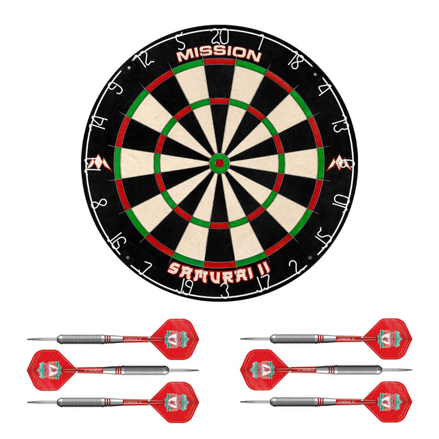 Mission Samurai II x Liverpool Dartboard Set - Dart Board & 2 sets of Brass Darts - Red