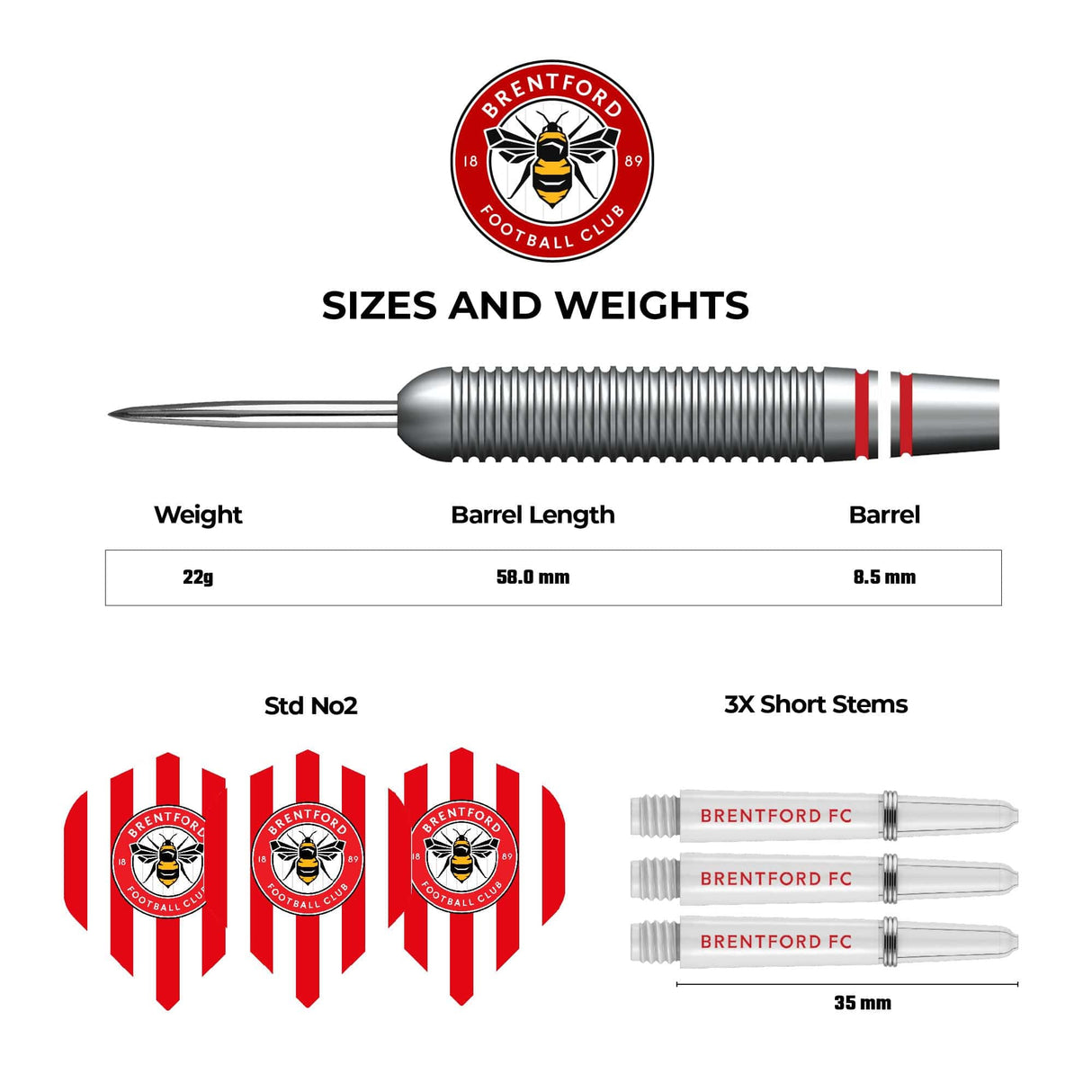 Brentford FC - Official Licensed - The Bees - Steel Tip Darts - Brass - 22g