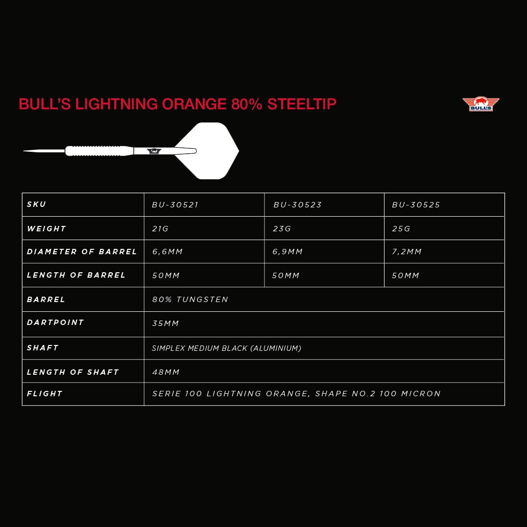 Bulls Lightning Orange Darts - Steel Tip - 80% Tungsten