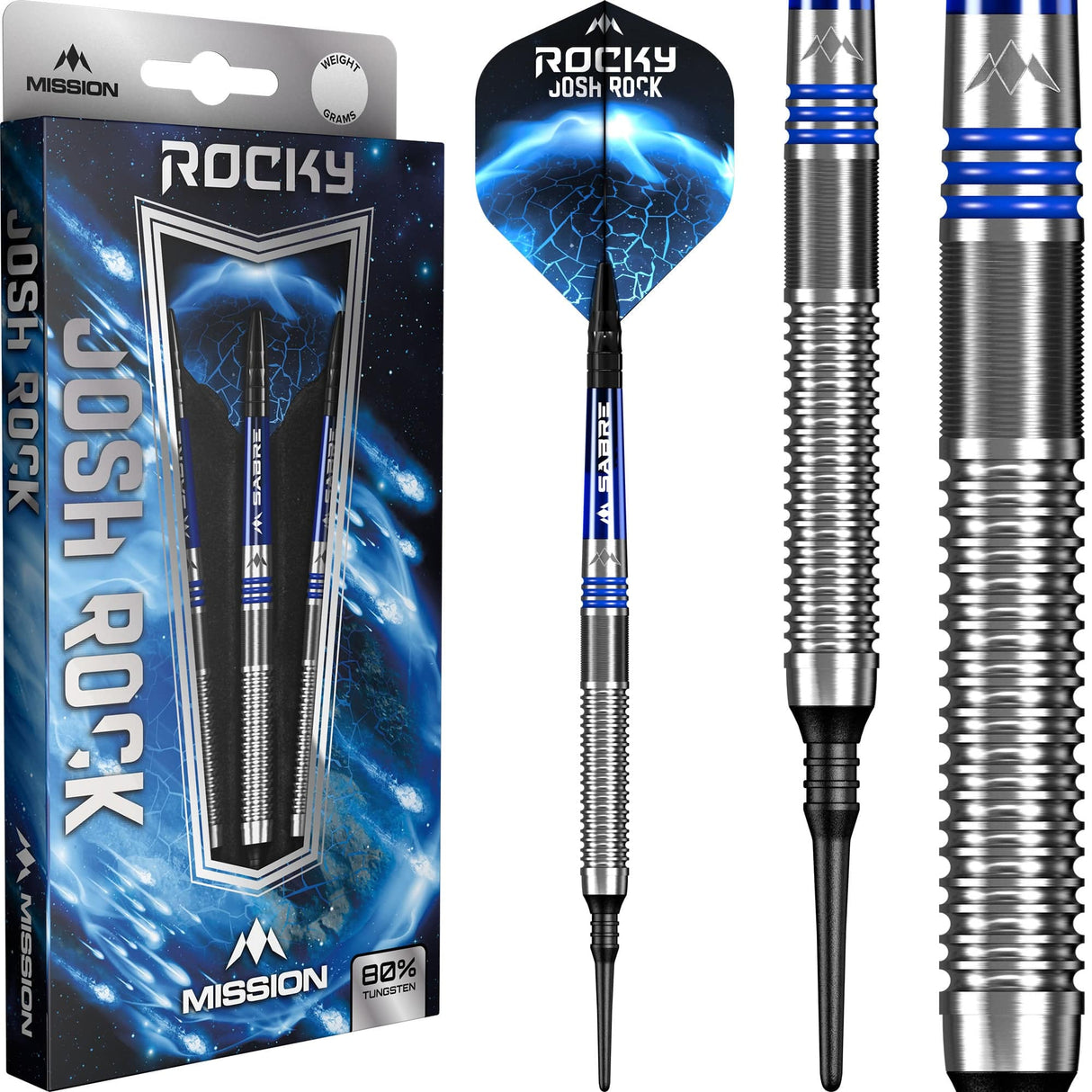 Mission Josh Rock Darts - Soft Tip - 80% - Silver & Blue 18g