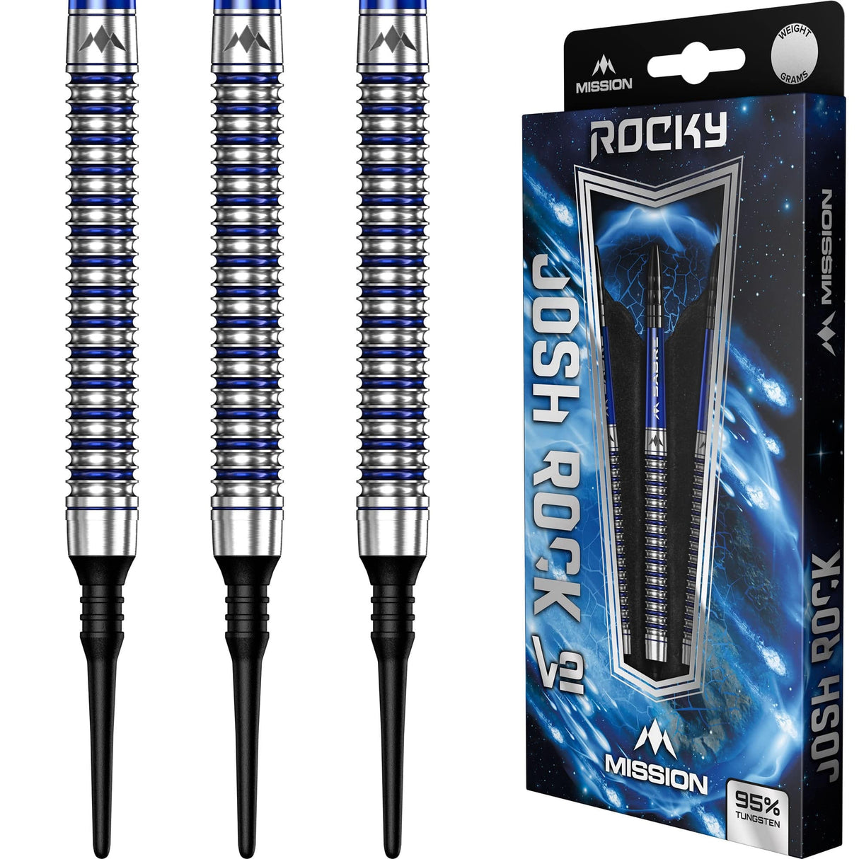 Mission Josh Rock v2 Darts - Soft Tip - 95% - Silver & Blue PVD 18g