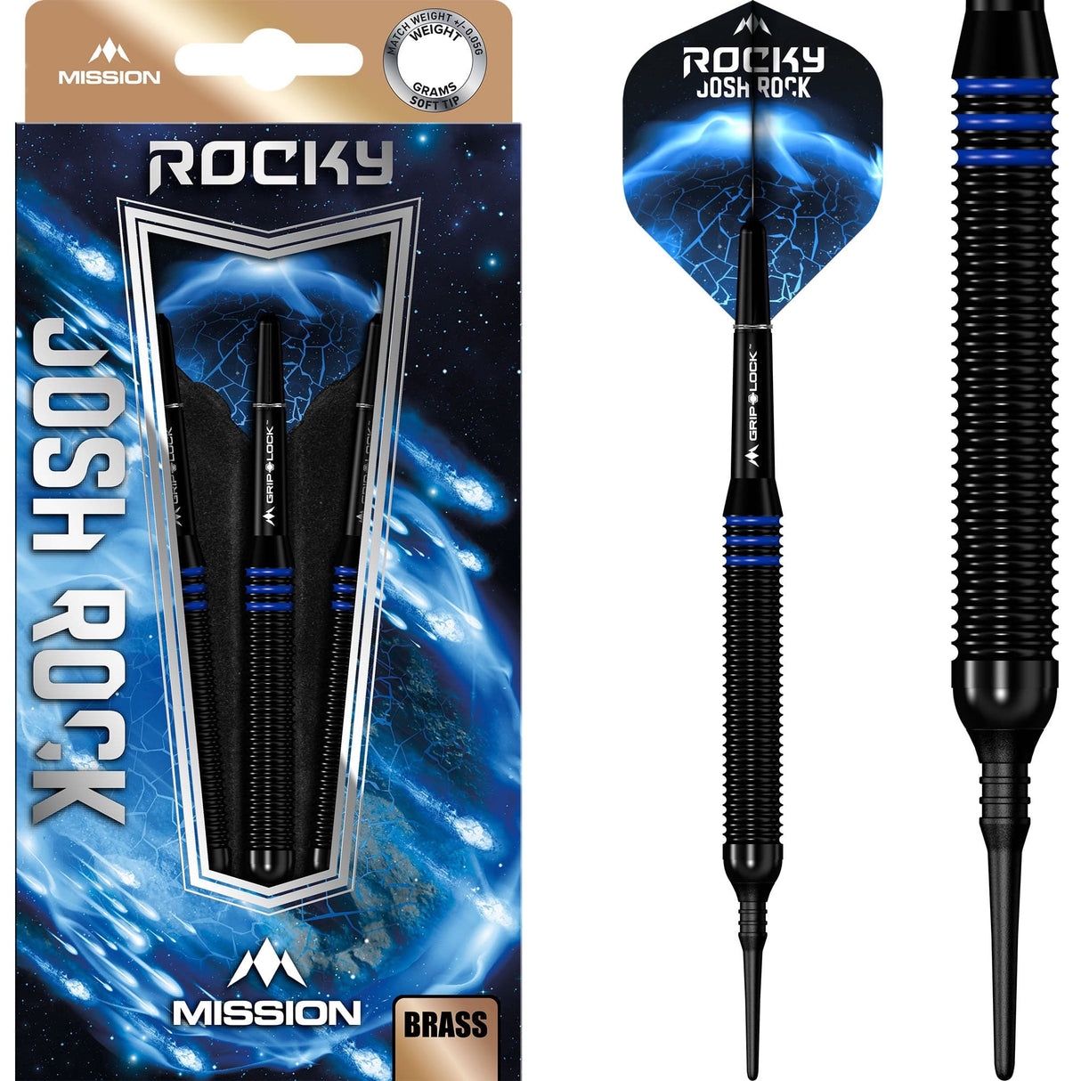 Mission Josh Rock Darts - Soft Tip - Brass - Black & Blue 18g