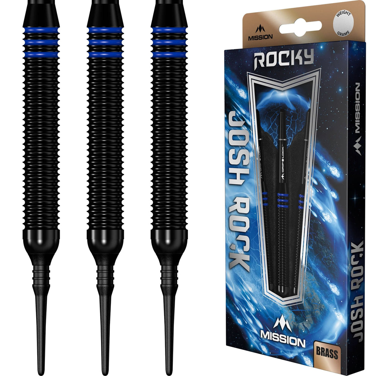 Mission Josh Rock Darts - Soft Tip - Brass - Black & Blue 18g