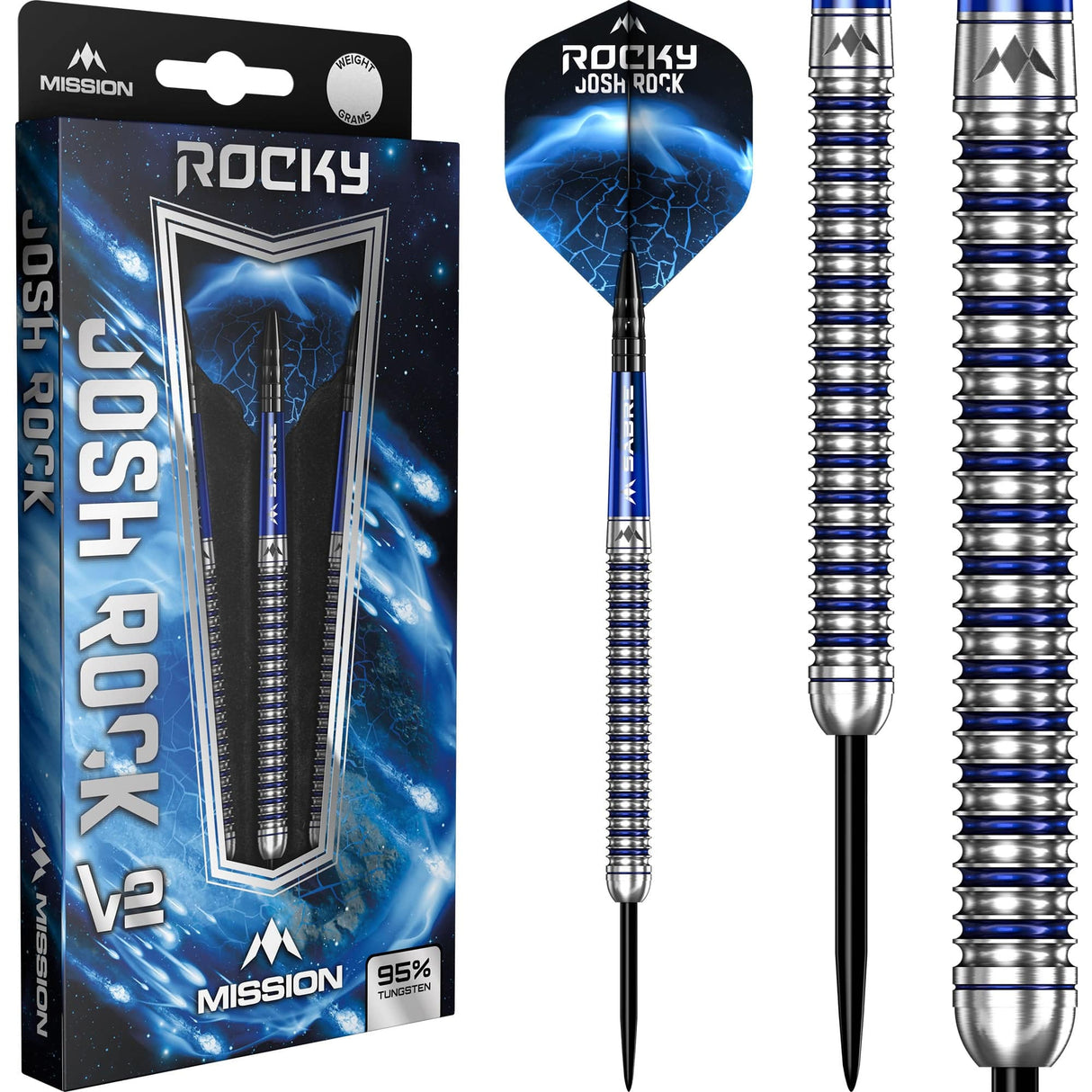 Mission Josh Rock v2 Darts - Steel Tip - 95% - Silver & Blue PVD