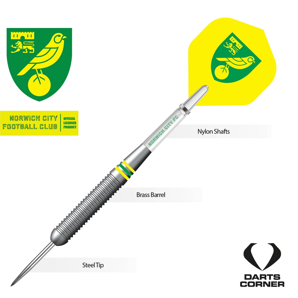 Norwich City FC - Official Licensed - The Canaries - Steel Tip Darts - Brass - 22g