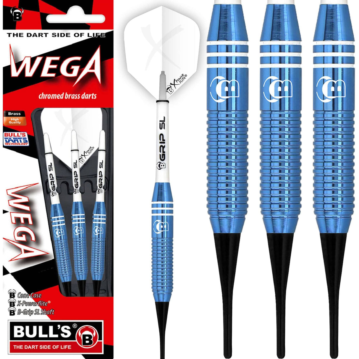 BULL'S Wega Darts - Soft Tip - Chromed Brass - Blue 18g
