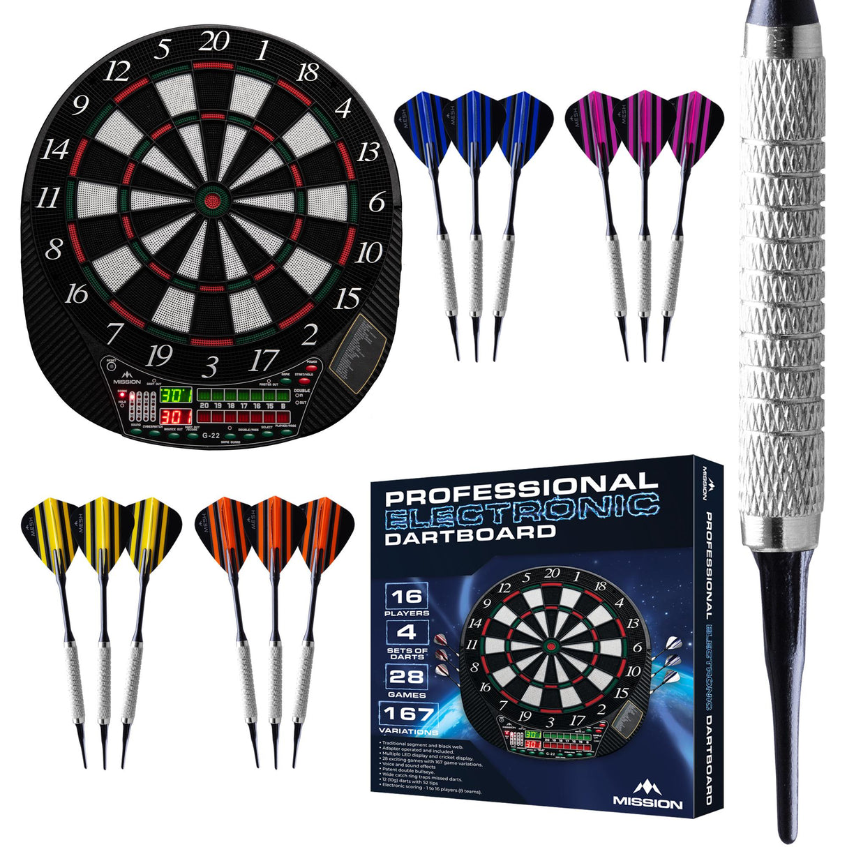 Mission G220 Electronic Dartboard – Profi-Softdartscheibe – bis zu 16 Spieler – 28 Spiele – inkl. 4 Dartpfeile-Sets