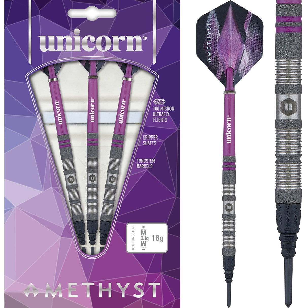 Unicorn Amethyst Darts - Soft Tip - Utech - Style 1 - Sandblasted 18g