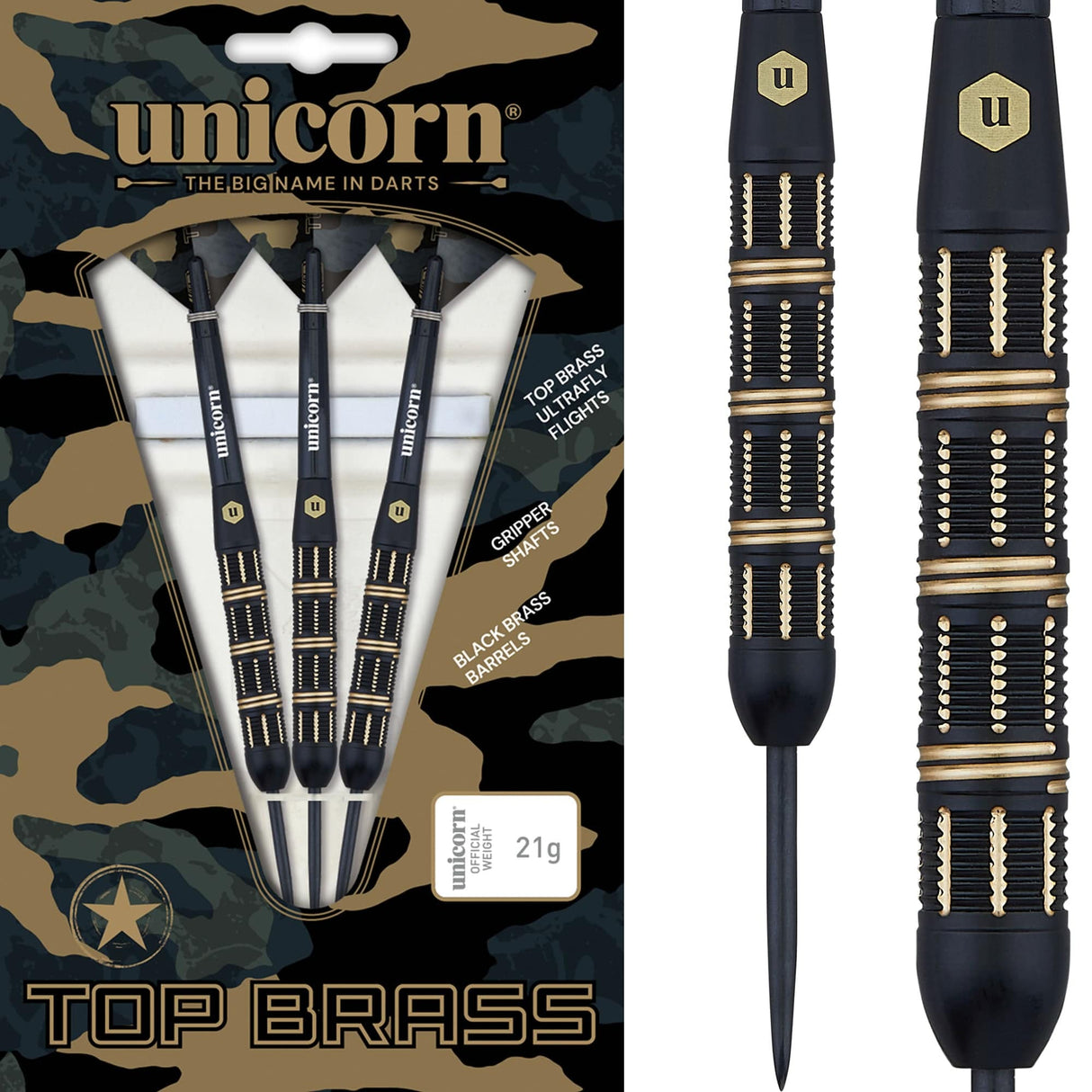 Unicorn Top Brass Darts - Steel Tip - Style 3 - Black & Gold 21g