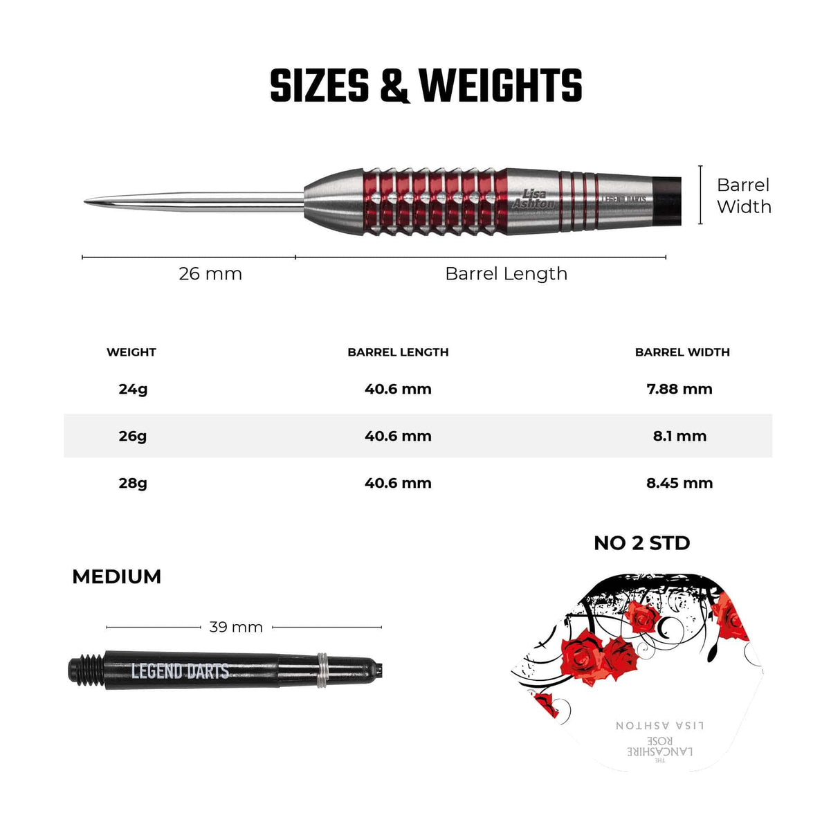 Legend Darts - Steel Tip - 90% Tungsten - The Lancashire Rose - Lisa Ashton - Electro Red