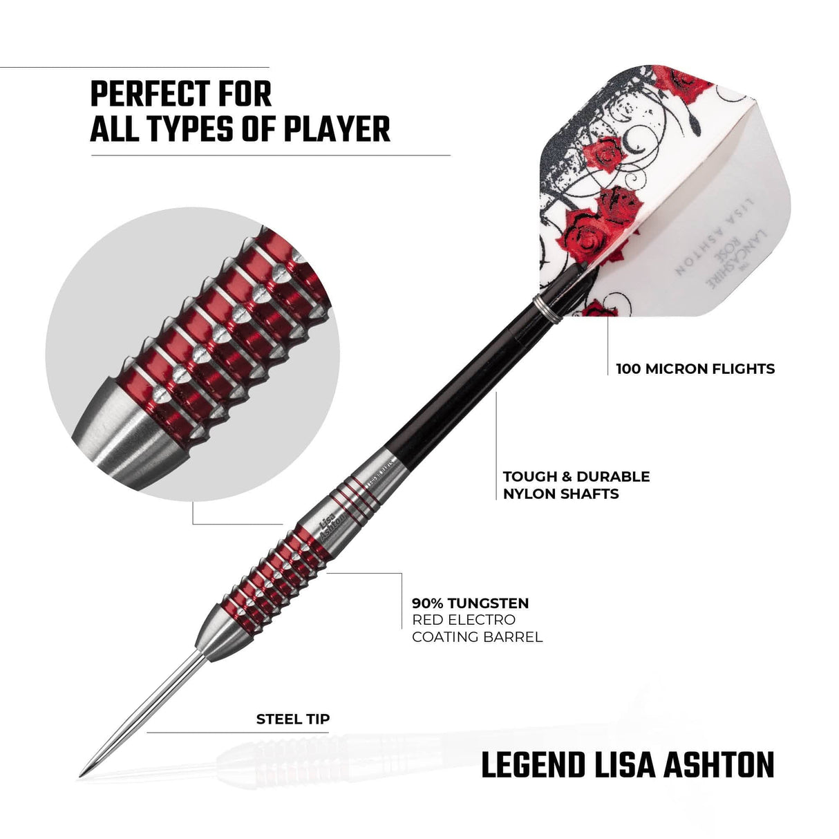 Legend Darts - Steel Tip - 90% Tungsten - The Lancashire Rose - Lisa Ashton - Electro Red