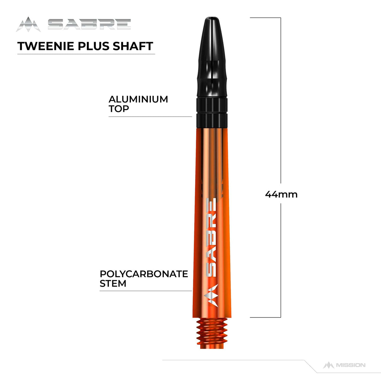 Mission Sabre Shafts - Polycarbonate Dart Stems - Orange - Black Top