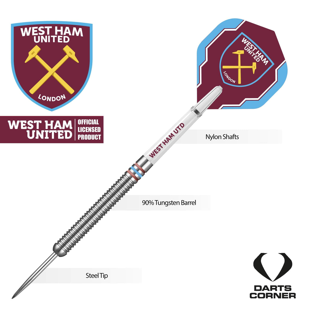 West Ham United FC - Official Licensed - Steel Tip Darts - Tungsten - 24g 24g