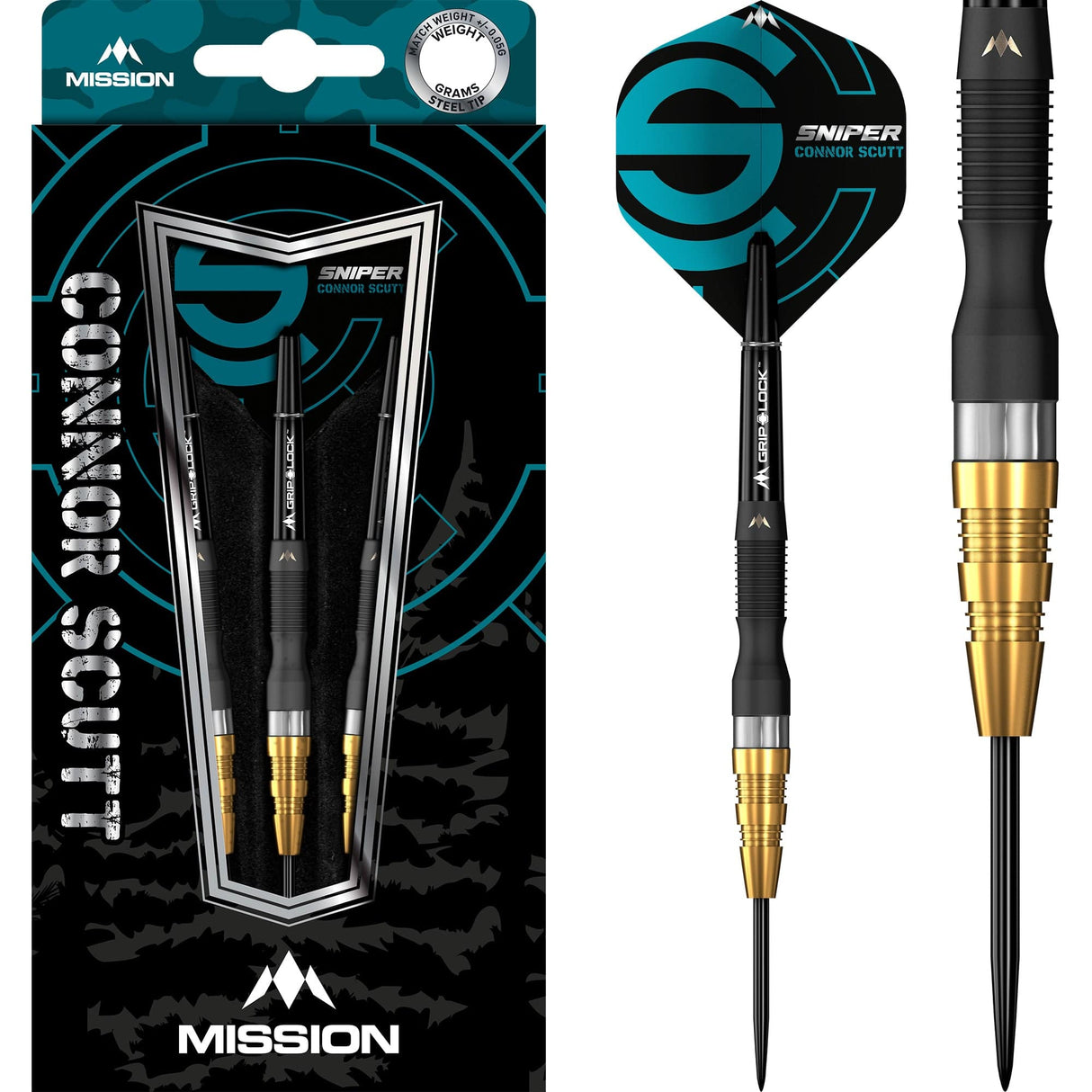 Mission Connor Scutt Darts - Steel Tip - Sniper - Black & Gold 22g